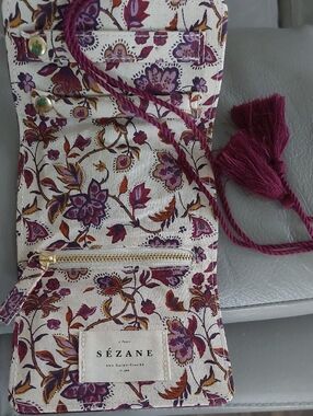 SEZANE Floral Tassel Jewelry Storage Wallet - Cream with Plum Floral Print